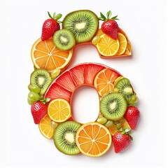Number 6 made of sliced tropical fruits including oranges, kiwis, strawberries, and grapes isolated on a clean white background