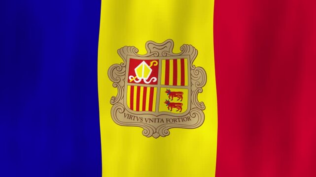 Andorra flag country animation 3D symbol design waving in wind movement national patriotism world culture emblem banner Europe Pyrenees blue yellow red