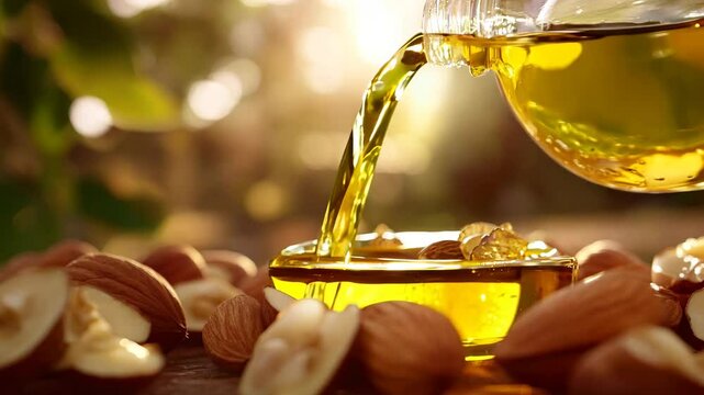 A rich golden stream of macadamia oil being poured into a glass dish, surrounded by fresh macadamia nuts. The warm sunlight and natural setting highlight the purity and nourishing 