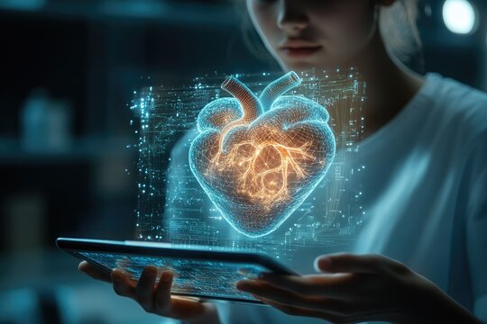 Digital holographic heart model visualized on a tablet, showcasing advanced medical technology and digital healthcare.