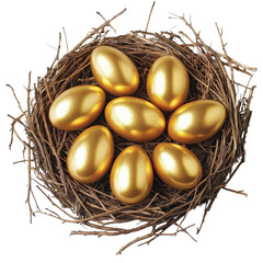 Fototapeta premium Golden eggs nestled in a natural nest setting isolated on png transparent background, cut out