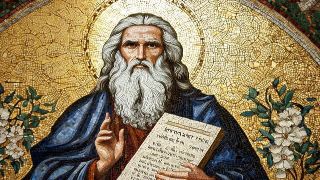 A detailed mosaic icon depicting Prophet Moses holding the Ten Commandments, rich with symbolic elements.