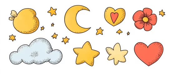 Fotobehang Crayon-drawn stickers in vibrant colors, pencil-sketched doodle shapes, hand-drawn contemporary badges, and figures with a kid motif. A charming assortment of childish shapes such as stars, hearts, © Avr Di