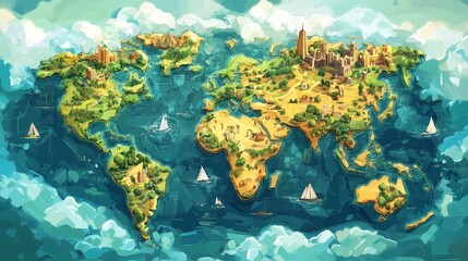 Colorful Illustrated World Map with Vibrant Landscapes and Detail
