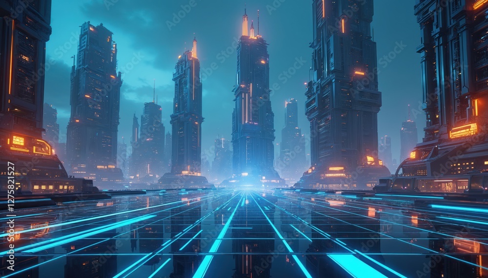 Poster cyberpunk futuristic city with neon lights, hi-tech architecture. sci-fi cityscape with glowing skyl