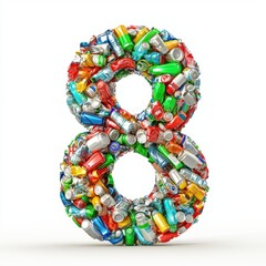 Number 8 made of compressed recycled plastic bottles and aluminum cans isolated on a clean white background