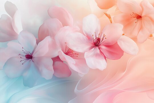 Delicate cherry blossoms in soft pink and peach tones with a flowing, dreamy background, creating a serene and elegant floral composition