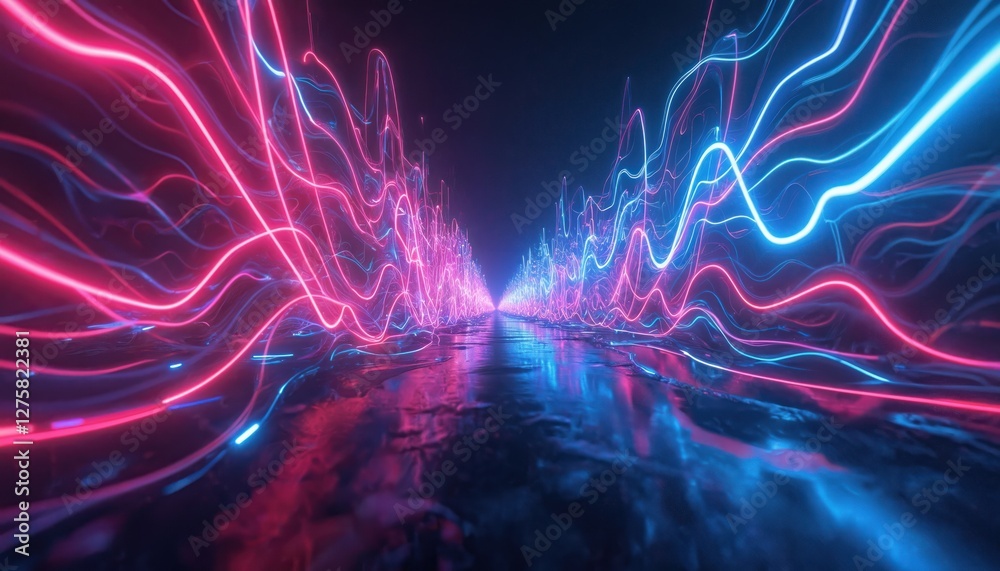 Poster hypnotic neon pink blue swirls and geometric shapes, creating abstract background with light trails.