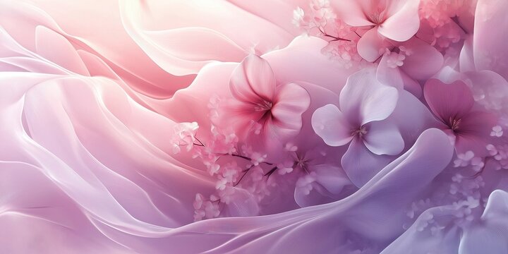 Elegant floral composition with delicate pink and purple blossoms blending into flowing, silky textures, creating a dreamy and sophisticated aesthetic