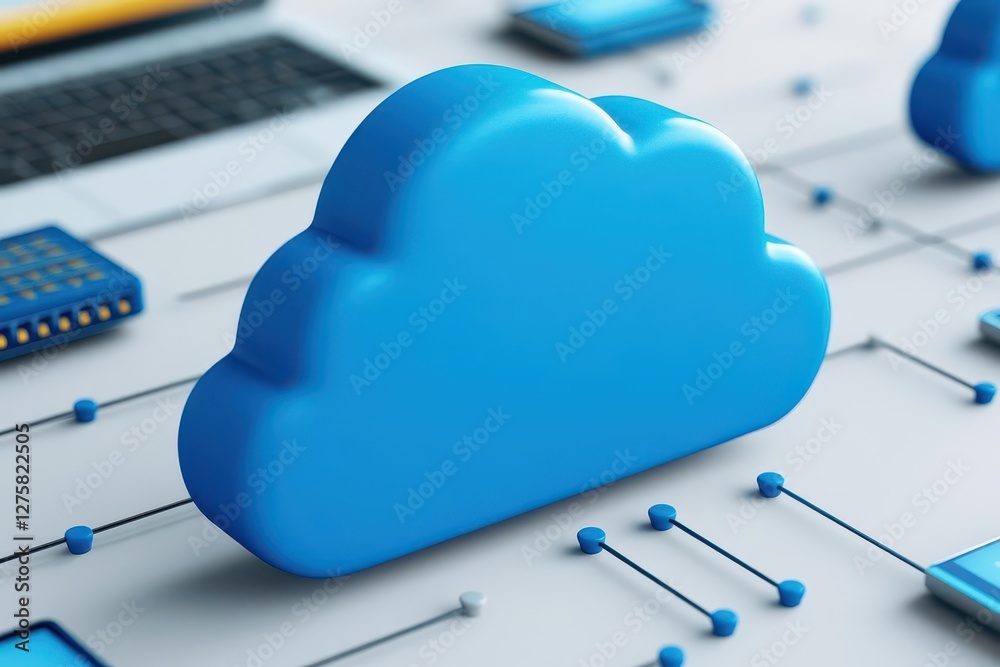 Poster Cloud sitting on top of a computer displaying a digital interface in a modern workspace