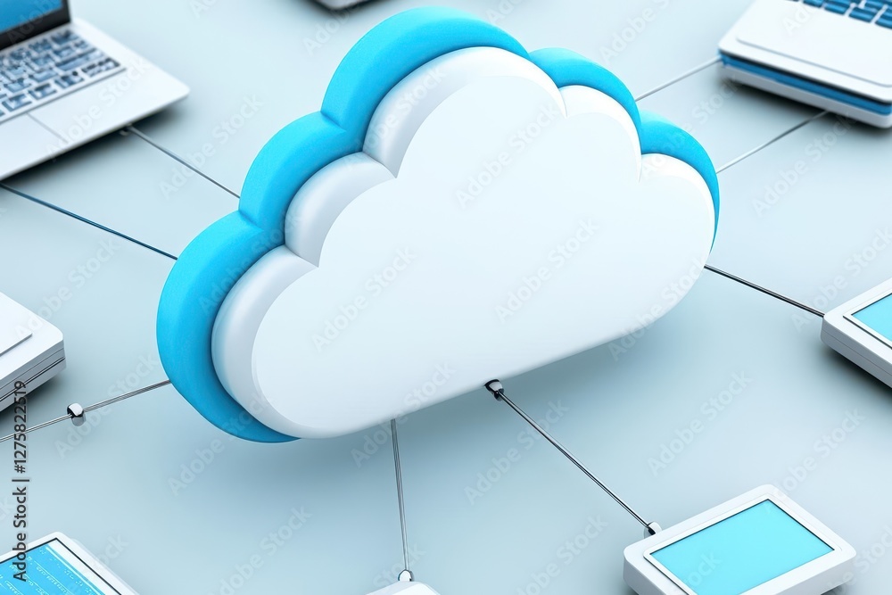 Aufkleber Cloud Computing A cloud icon connected to various devices like laptops, tablets, and servers through a network of lines, with clear space around the graphic for text