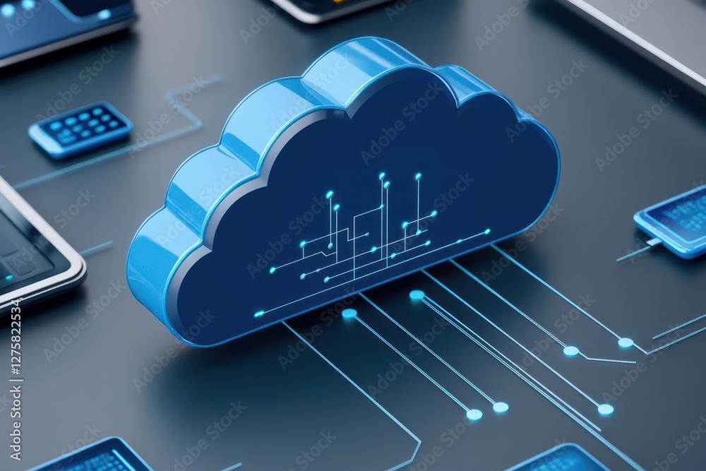 Aufkleber Cloud Computing A cloud icon connected to various devices like laptops, tablets, and servers through a network of lines, with clear space around the graphic for text