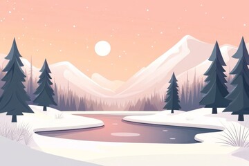 Snowy mountain lake sunset winter landscape illustration