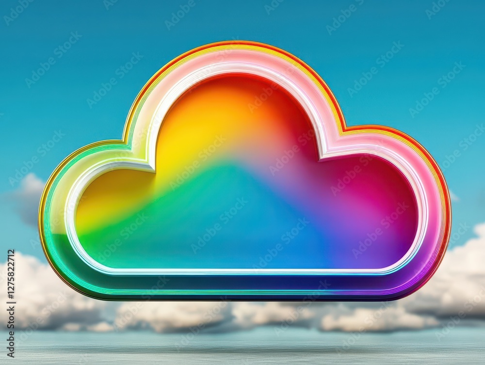 Poster rainbow cloud formation against a bright blue sky with minimal surrounding clouds in the background