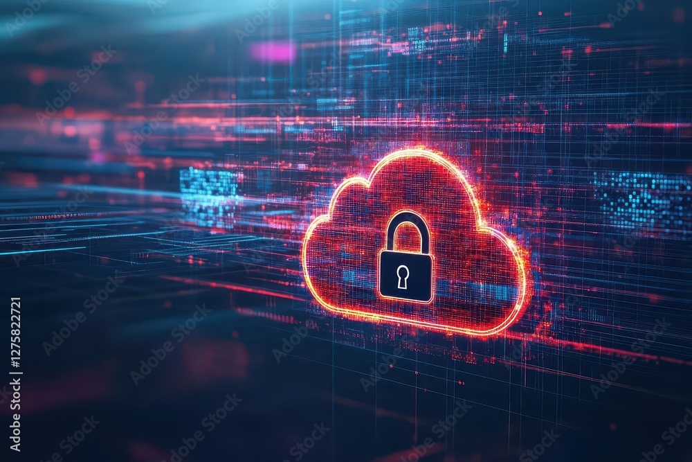 Poster Cloud with a padlock symbolizing data security and digital protection in a technological environment