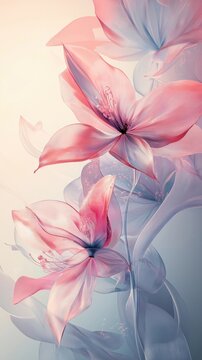 Delicate translucent flowers in soft pink and blue hues with flowing, ethereal textures, creating a dreamy and elegant composition ,vertical image
