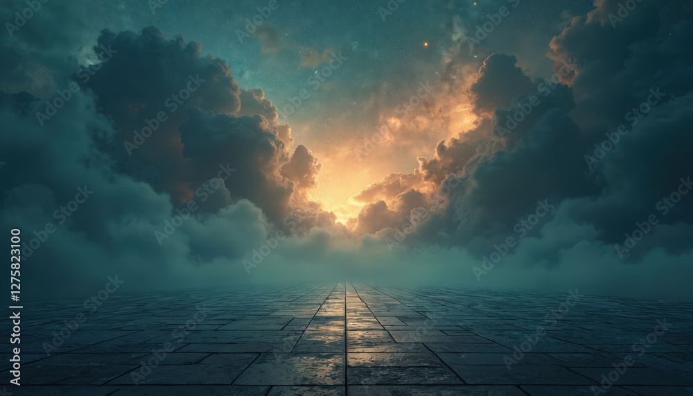 Poster abstract night sky background animation with dark cinematic clouds and glowing orange lights. mystic