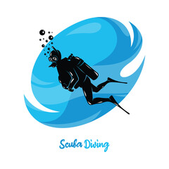 Vector illustration of divers in the deep sea. Scuba diving silhouette design
