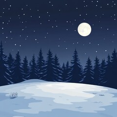 Snowy forest night landscape, full moon, stars, winter background