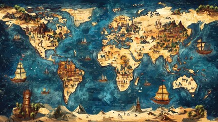 Vintage Style World Map with Ships, Mountains and Ocean Details