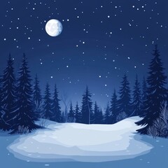 Snowy forest night scene, full moon, stars, winter wonderland, holiday card (1)