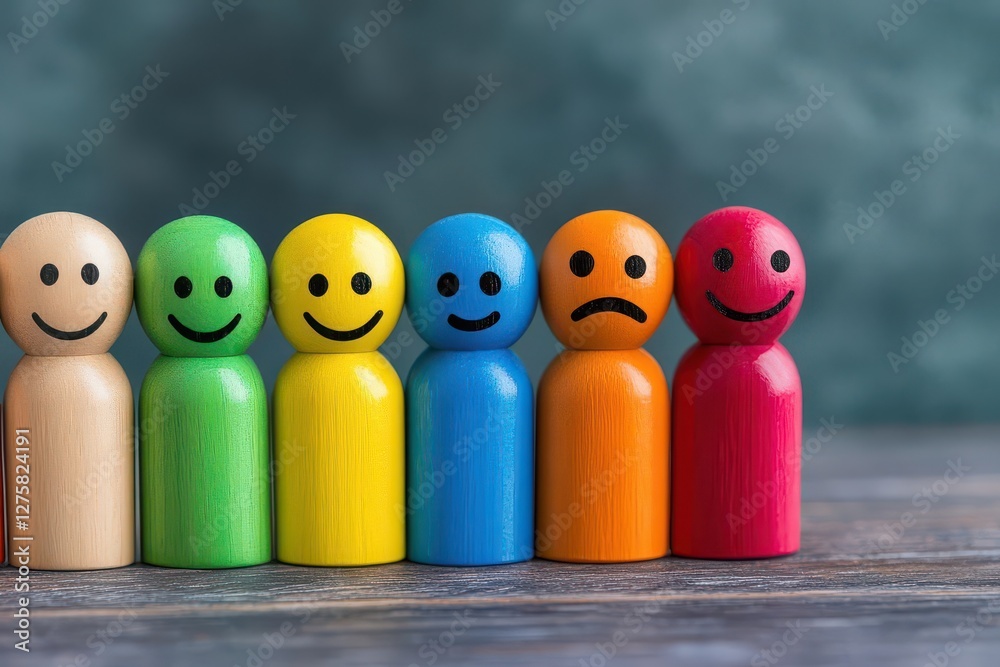 Poster row of colorful wooden toy figures with smiling faces arranged on a white background