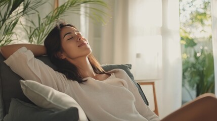 Shoulder stretch in a calming home environment with soft furnishings. Featuring relaxation and rejuvenation