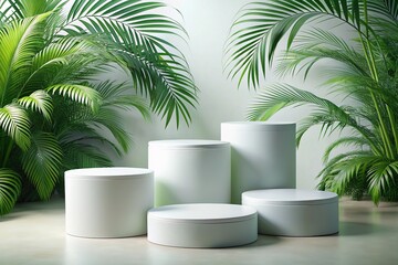 Elegant White Cylindrical Podiums with Tropical Palm Leaves Background - Perfect for Product Displays or Presentations
