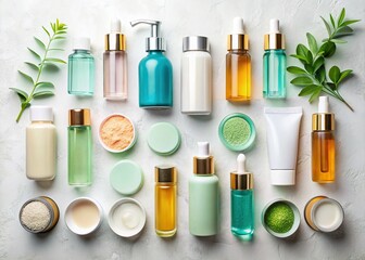 Flat Lay Beauty Products: Cosmetic Bottles & Skincare Essentials on White Background