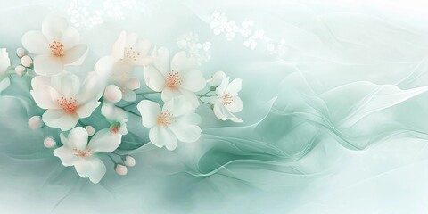 Delicate white blossoms with soft peach centers gracefully arranged against a flowing, airy teal background, creating a serene and elegant composition
