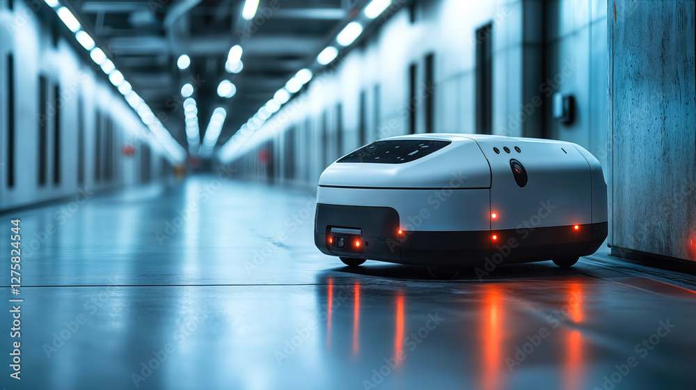 Poster autonomous mobile robot navigating through modern facility hallway for efficient security and logist