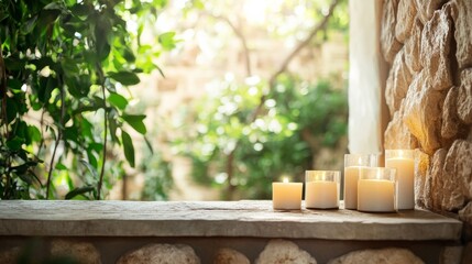 Shoulder stretch in a calming spa with stone walls and candles. Featuring tranquility and rejuvenation
