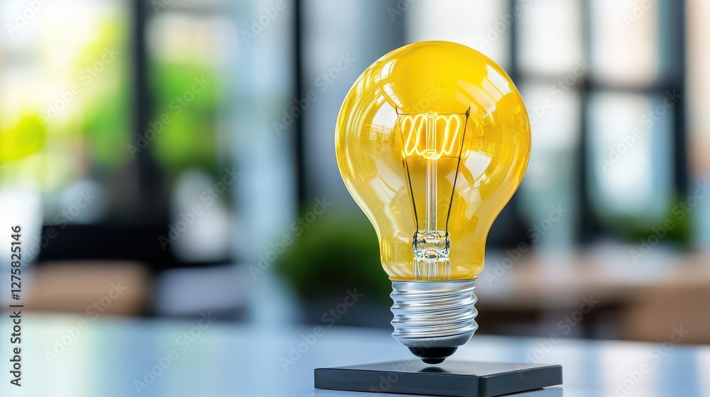 Poster Light bulb illuminated on a wooden table with a soft focus background creating a warm atmosphere
