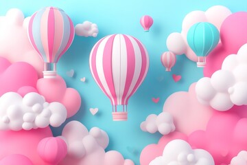 Pink hot air balloons float above pastel clouds