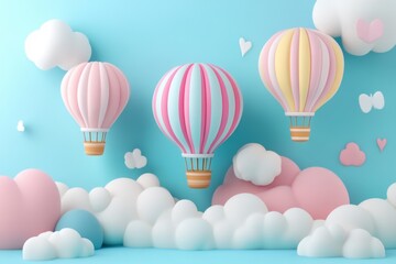 Pastel hot air balloons floating, dreamy cloudscape, background, children's room decor