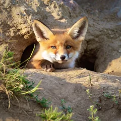 Junger Fuchs, der aus seinem Fuchsbau schaut. Nahaufnahme. © Niki Grims