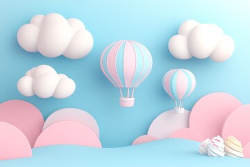 Pastel hot air balloons float above dreamy landscape