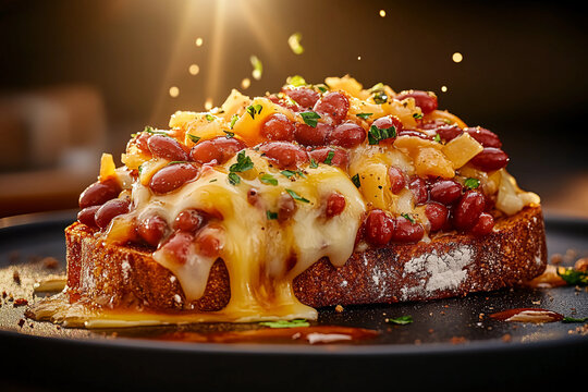 Hearty Toast with Baked Beans and Cheese - Close-up shot of a thick slice of toast topped with baked beans and melted cheese, with cheese dripping off the edges