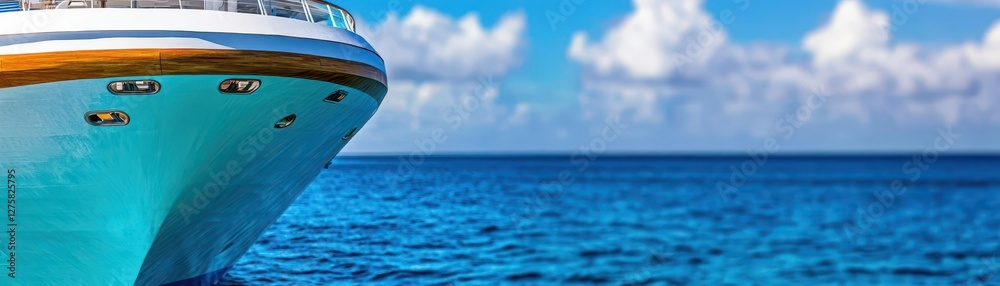 Poster large boat sailing in the ocean with clouds and blue sky in the background during a sunny day