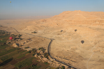 Landscape on East and West bank of Luxor with a hot air balloon, Egypt