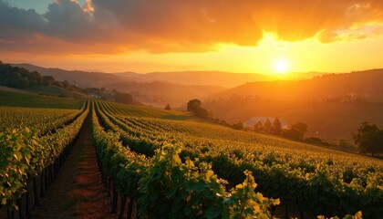 Naklejka premium Golden sunrise over vineyard with grapevines, rolling hills. Sun rays through clouds, warm light on plantation. Scenic view, serene landscape. Agriculture, wine industry.