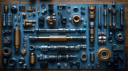 Fototapeta premium A collection of mechanical parts neatly arranged on a blue board showcasing precision engineering
