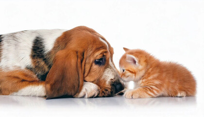 Basset artésien et chaton face à face