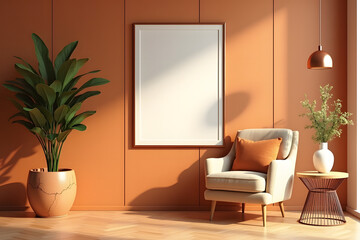 A modern interior design with a warm, earthy color scheme, featuring a beige armchair, orange cushion, wooden textured wall with empty picture frame, and a copper pendant light.