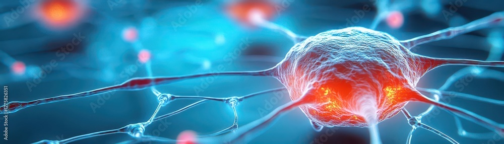 Poster Neuron structure with red blood cells illustrating the connection between nervous and circulatory systems