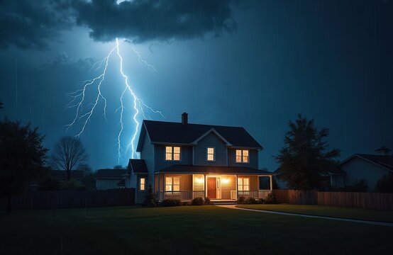 Lightning strikes house during rain at night. hits home, lights illuminate yard. Dramatic thunderstorm weather with bright electricity flash, dangerous stormy dark energy.