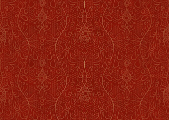Hand-drawn unique abstract symmetrical seamless gold ornament on a bright red background. Paper texture. Digital artwork, A4. (pattern: p13-2b)