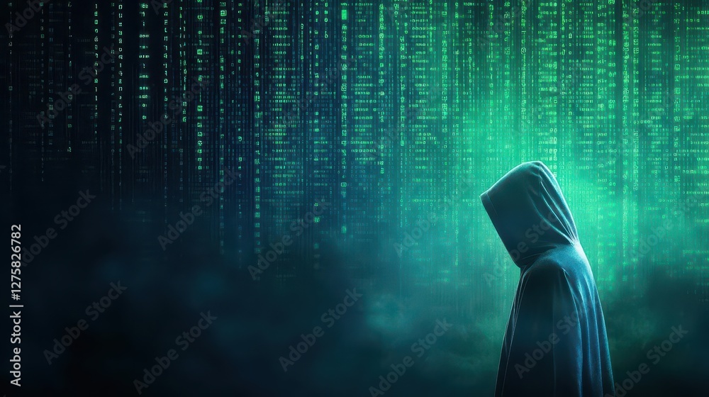 Poster Woman in hooded attire standing in front of cascading binary code on a digital background