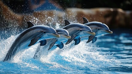 Fototapeta premium Three Dolphins Leaping Gracefully Through the Water