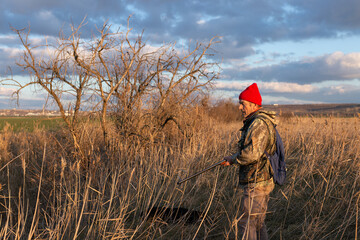 Mature hunter man holding a shotgun and walking through a field